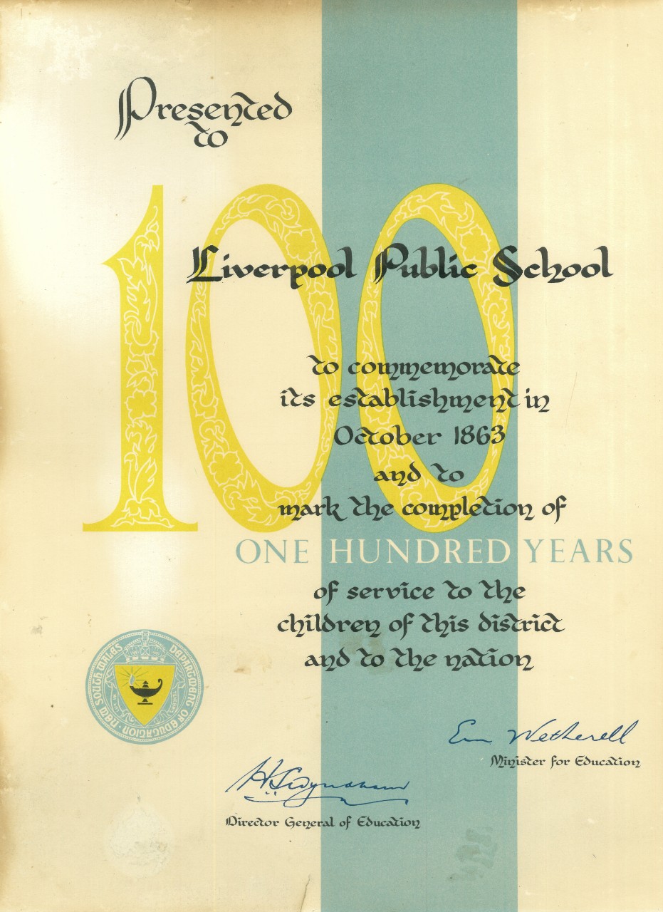 A certificate from the Department of Education recognising 100 years of service to the Liverpool community - 1963.